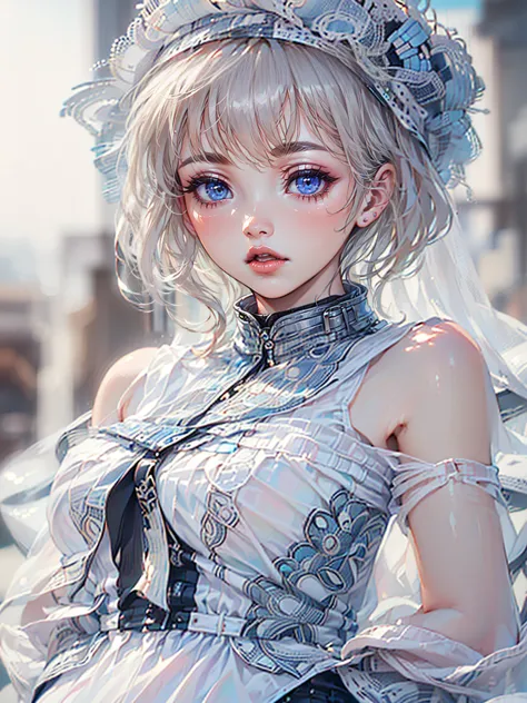 Spring lakeside、((masterpiece, best quality,  best image quality 、blue sky、明るくbeautiful顔、 young, Fair and Radiant Skin、Best Look、blond with a big face，Reflects dazzling light、Beautiful platinum blond with a big face extra long silky straight glossy hair、lo...