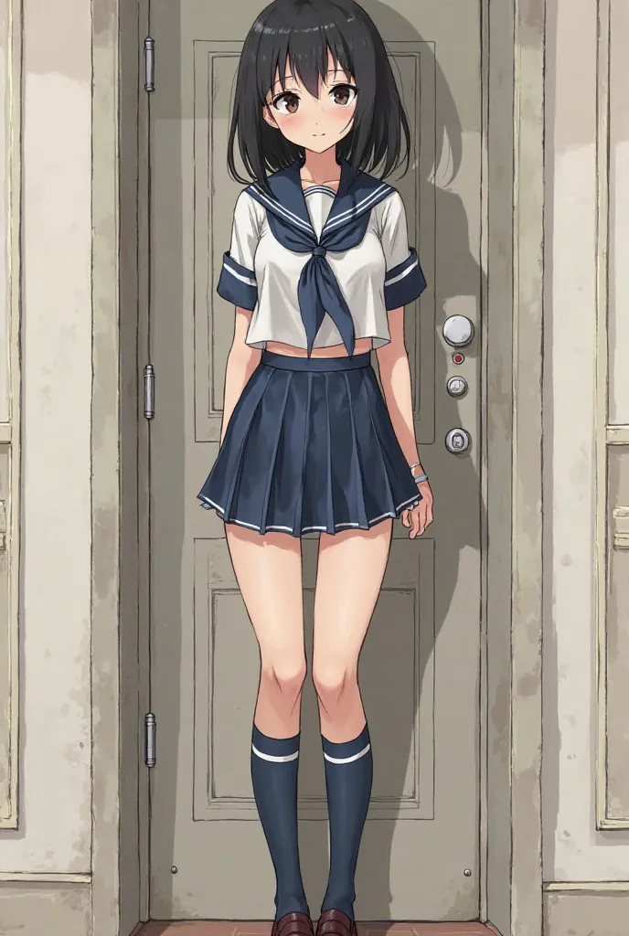 brainwashed upper body is blue short sleeve sailor suit　high school girl with navy blue racing bra lower body
Japanese women with big breasts　dark eye makeup　Growing Fangs　Nails get longer too　tri-fold socks and loafers　smile mysteriously 　
Full body image...