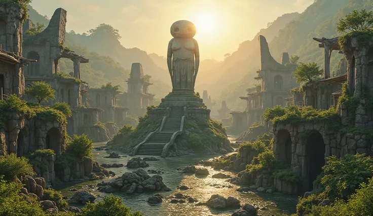 at noon, captures an elevated view from different angles of an ancient ancient city without traces of life. In the center of the city there is a strange sculpture of an alien god. The city is connected by bridges and canals. The houses and buildings of str...