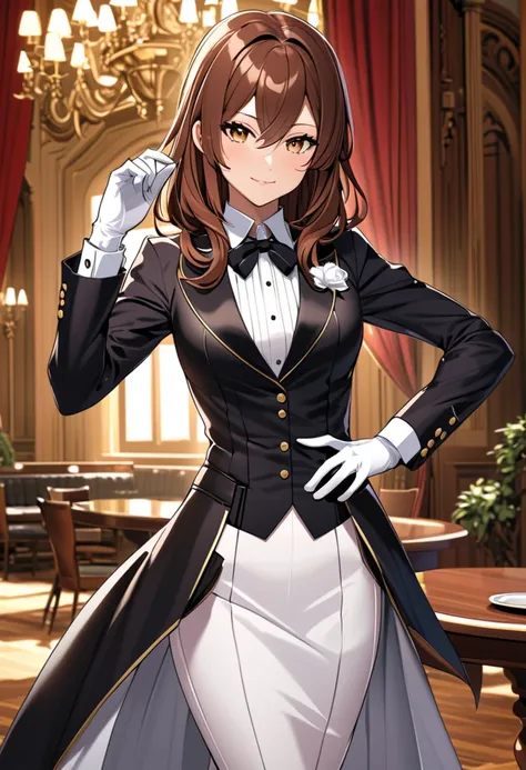 ,  is wearing her white gloves. Female butler, amazing, Tailored tail coat brown hair