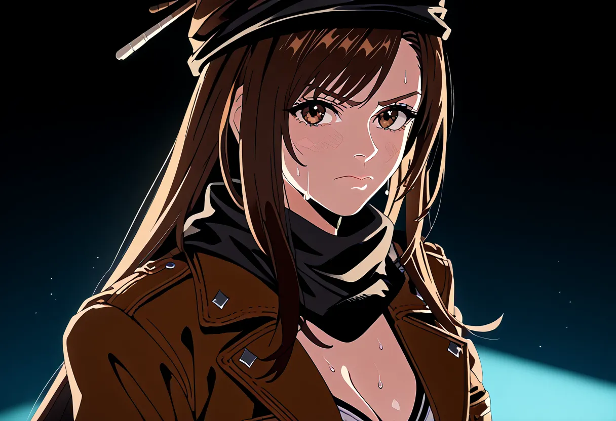 score_9, score_8_up, score_7_up,  BREAK, 
1girl, tifacogi, solo,

Brown hair,  long hair, bangs, sidelocks, dark-brown eyes, big breasts, muscular body,

(Brown wide-brim hat), cleavage, (brown jacket, long-sleeves), (black gaiter scarf),

serious facial e...