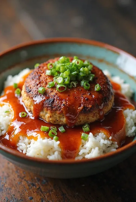 Drawing of rice of bowl with burger patty with gravy on top