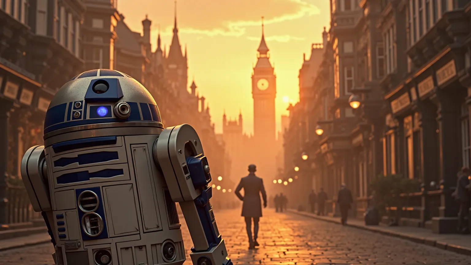 sunset in the summer, landscpe is victorian london, with the sun just risen, mist, with a very detailed R2D2 and C3P0,