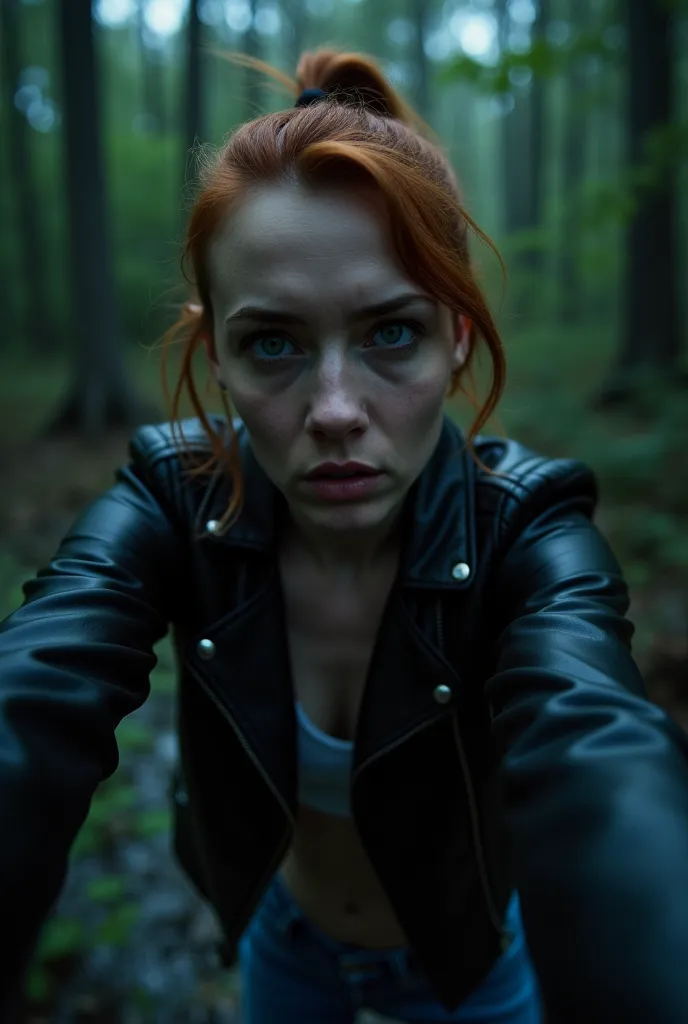 
origin:  nighttime , blurred background,  first person selfie , (darkness all around), (Camera light only). forests,  woman ,  (in jeans), leather jacket, (drowning in a болото), (Sexual fetish:1.0),  Fear, stunned, tormented by lust, (exhausted dehydrate...