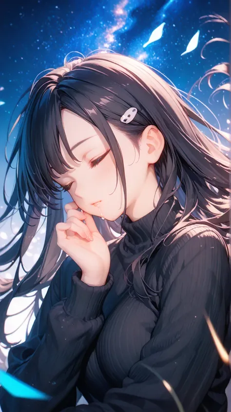 (Miho Sato: 1), highest quality, black hair, high resolution, ultra-detailed, night scene, starry sky, one girl, sleeping in a formal sitting position, drooling, long hair, medium bust, very detailed eyes, black sweater, outdoors, wind, (detailed lighting)...