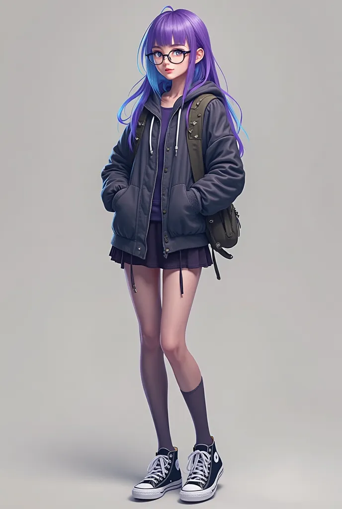 I want to create a character of myself (something completely new never created before or similar to anything) I have a medium slim build, I wear glasses , I have long hair half blue and half purple, and my dress style is with skirts and half panties, I wea...