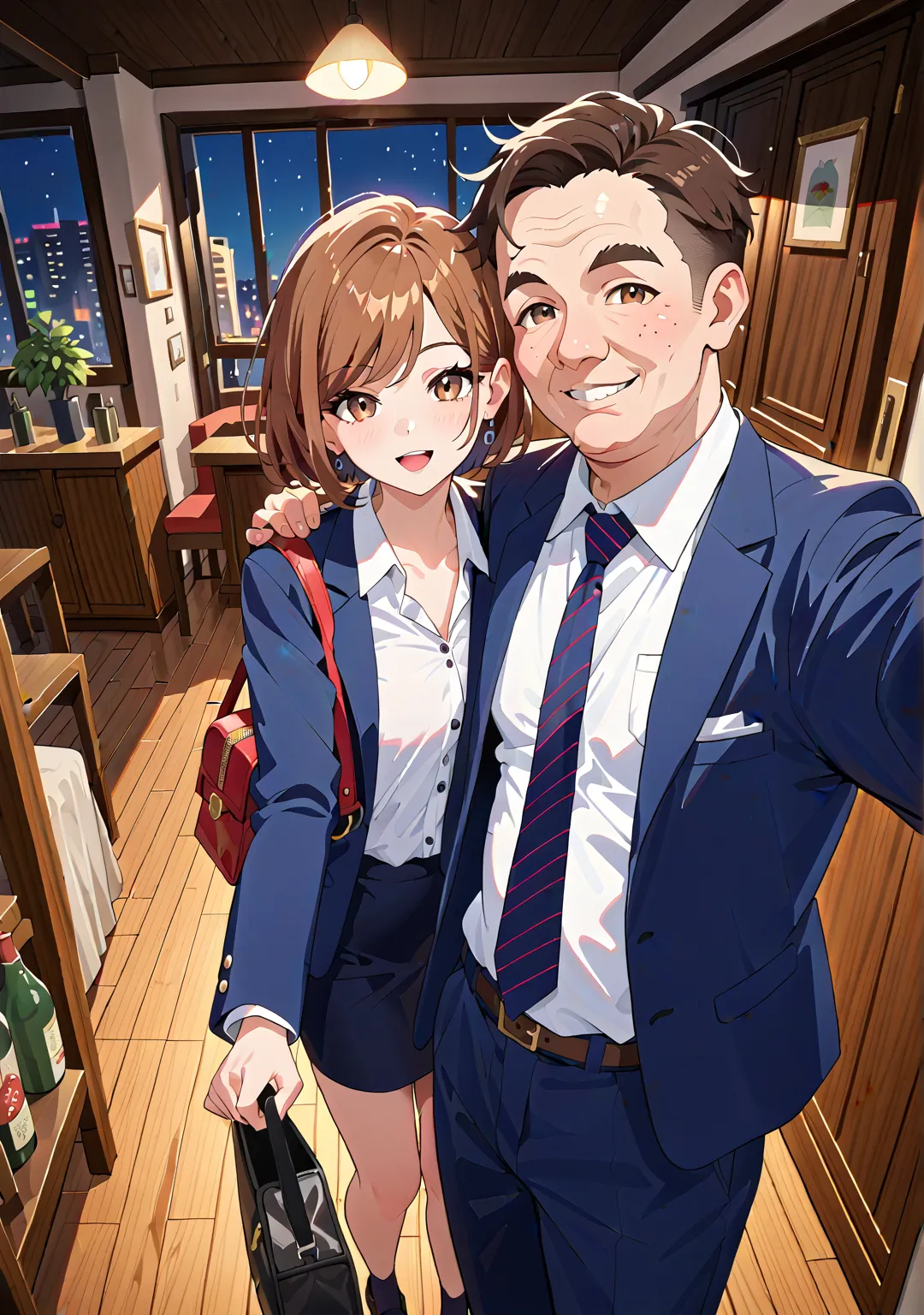 Selfie,nsfw,1 girl,1 man,short hair,straight hair that can't be seen from the outside ,brown hair,brown eyes,glamorous,swept bangs,white shirt, dark blue skirt, dark blue blazer,walk,bag,night,,fat old man,middle age man,Selfie,bar counter