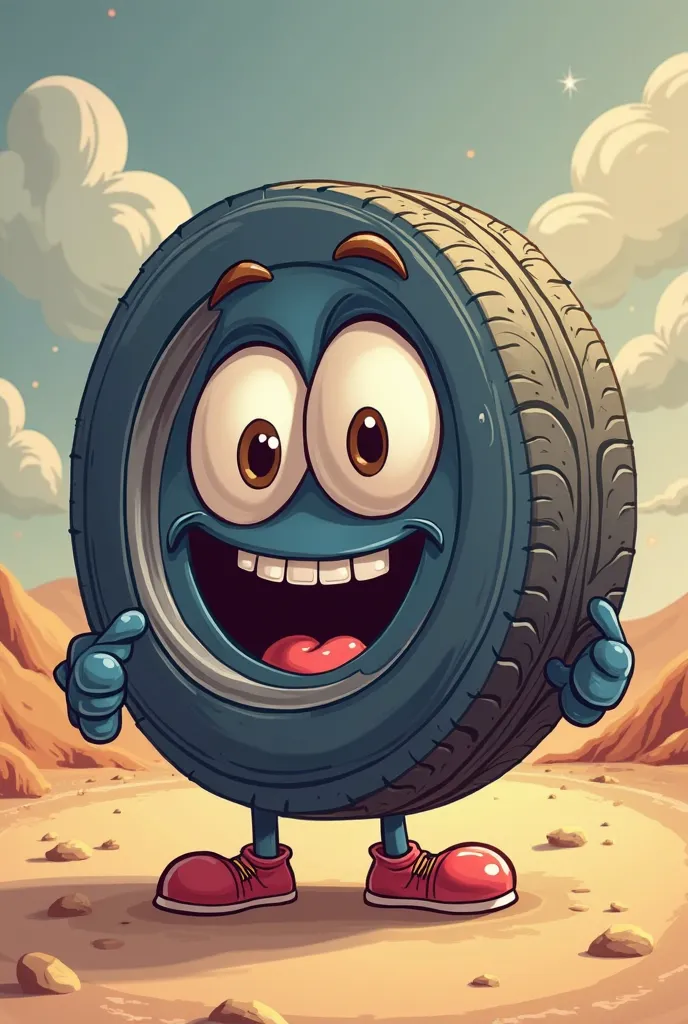 The design of a cartoon character in the form of a car tire, with expressive eyes and a smiling mouth, with hands and legs gives it a fun and interactive character. The design is vibrant, cartoony and attractive, and reflects the spirit of Ramadan in a fun...