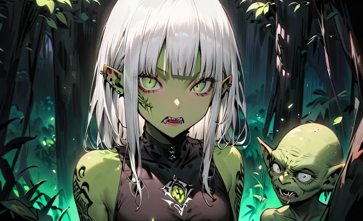 GRAY-HAIRED GREEN SKIN GIRL， Goblin ，Flat chest，Small individuals， Slim Fit， Sleeveless Vest，thong，thigh，Pointed nails，Fangs，Tattoo，forest， stands