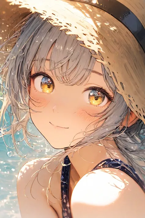 masterpiece,highest quality,Super Detail,8k,front　one girl　cute smile up to the knee　 gray hair short hair　eyes of gold　swimsuit　sea　straw hat with right hand　Water Drop　 glitter　Get excited