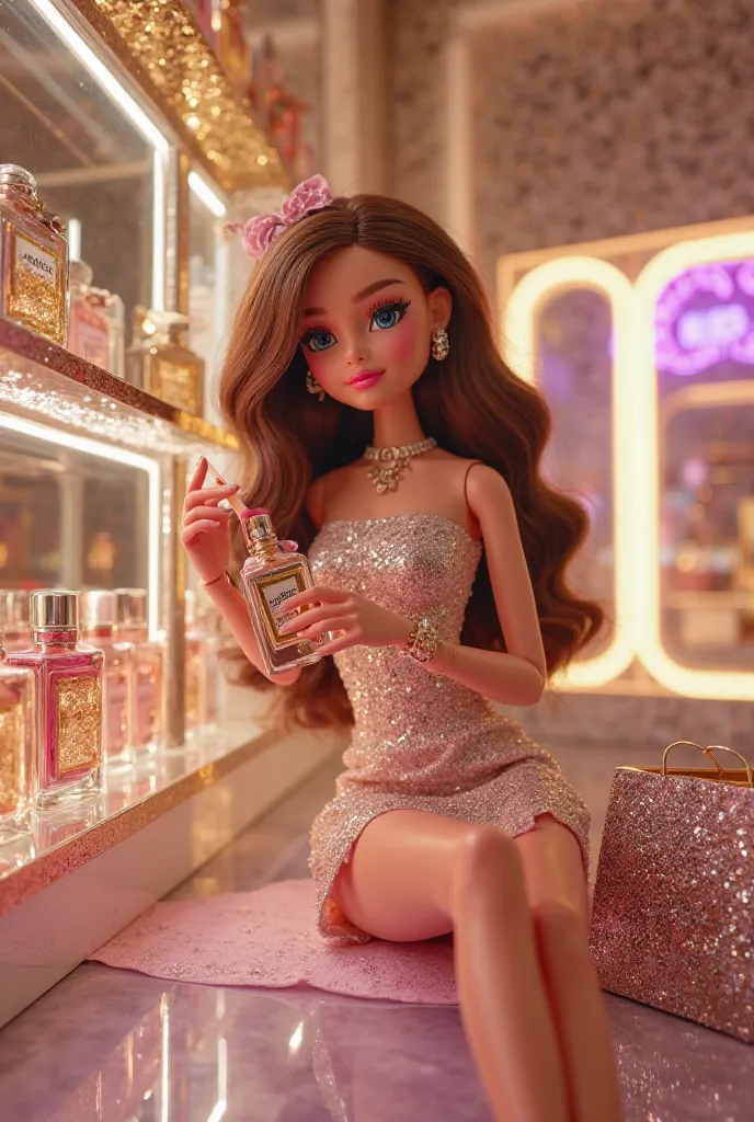 An L.O.L. OMG doll is inside a luxurious perfume boutique, testing a glamorous new fragrance. Dressed in a sparkling, fashionable outfit, she delicately holds a perfume bottle, admiring its elegant design before spraying a light mist. The boutique’s interi...