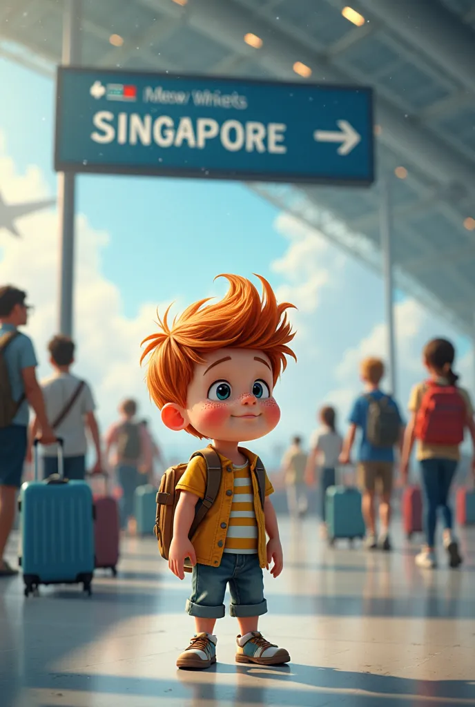 a boy with freckles on his face at the airport heading to Singapore, There has to be a sign that says Singapore