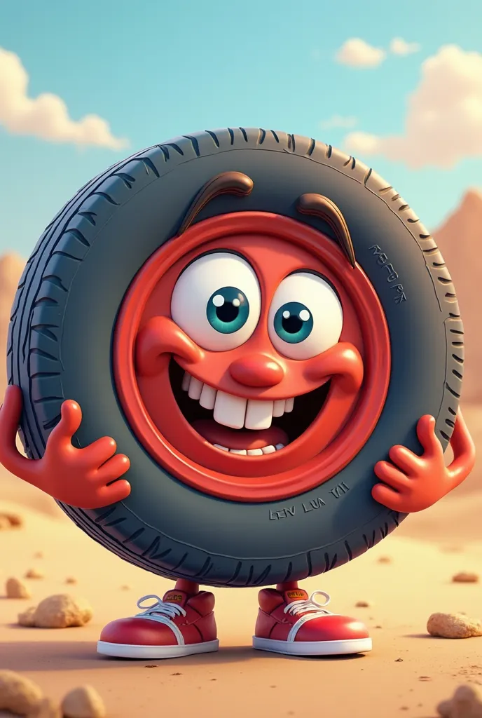 The design of a cartoon character in the form of a car tire 3d, with expressive eyes and a smiling mouth, with hands and legs gives it a fun and interactive character. The design is vibrant, cartoony and attractive, and reflects the spirit of Ramadan in a ...