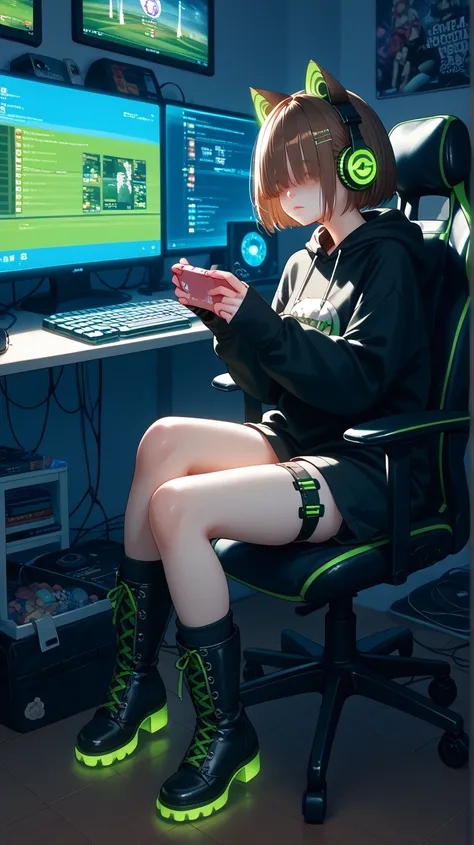 Gamer girl playing on a portable game console、masterpiece、highest quality、uncorrected、Night room with glowing gaming computer and game console、sitting in a gaming chair、Hair over eyes、brown bob cut、glowing gaming headphones with cat ears、large black hoodie...