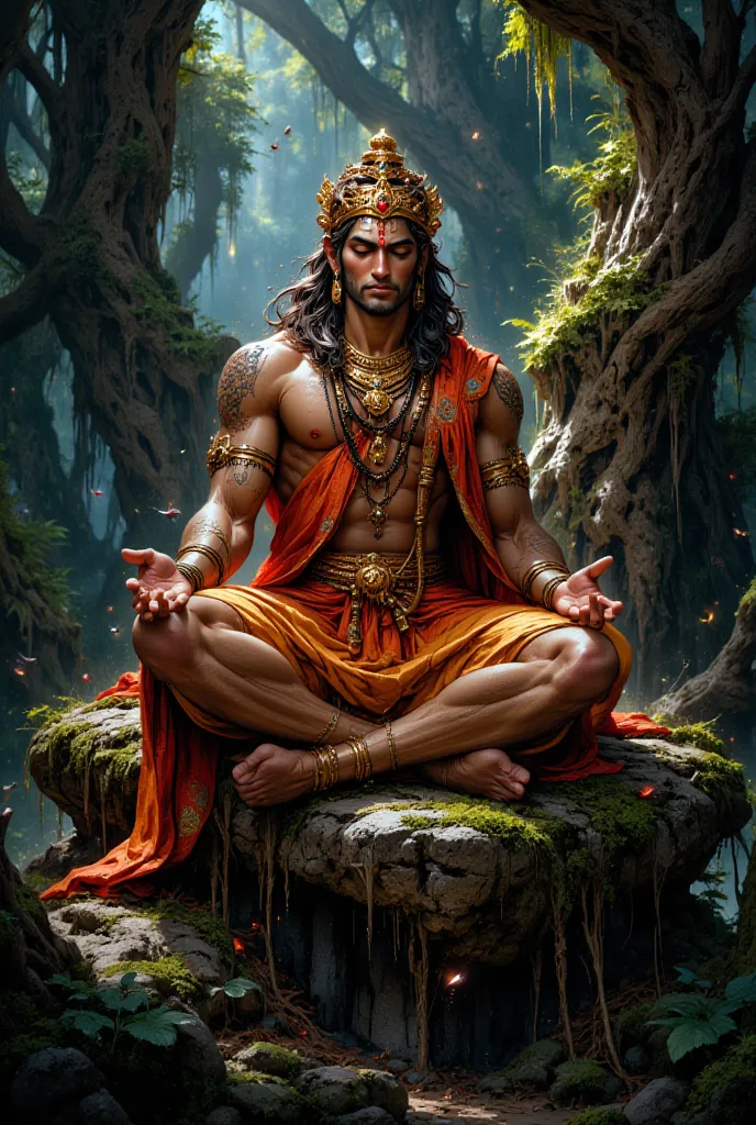 "Lord Hanuman seated in deep meditation in the heart of a dense, ancient forest. He sits in a classic yogic posture (padmasana) on a large rock covered with soft moss. His eyes are closed, his expression serene, radiating divine energy. He wears a golden c...