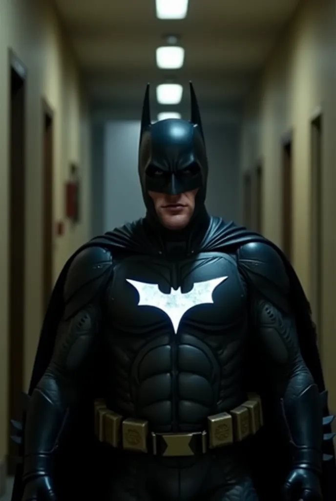 DVD screenshot of a fantasy movie from the year 1960, with actor Robert Pattinson's The Batman in an old hallway in Gotham City, wearing 2022 black armor with the bat symbol on the chest that shines white like the moonlight, shouting at the camera.