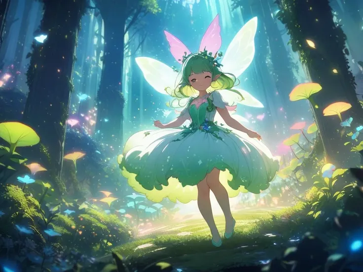  highest quality、Magical forest with glowing flowers、A forest overgrown with greenery、cute kemomimi fairy