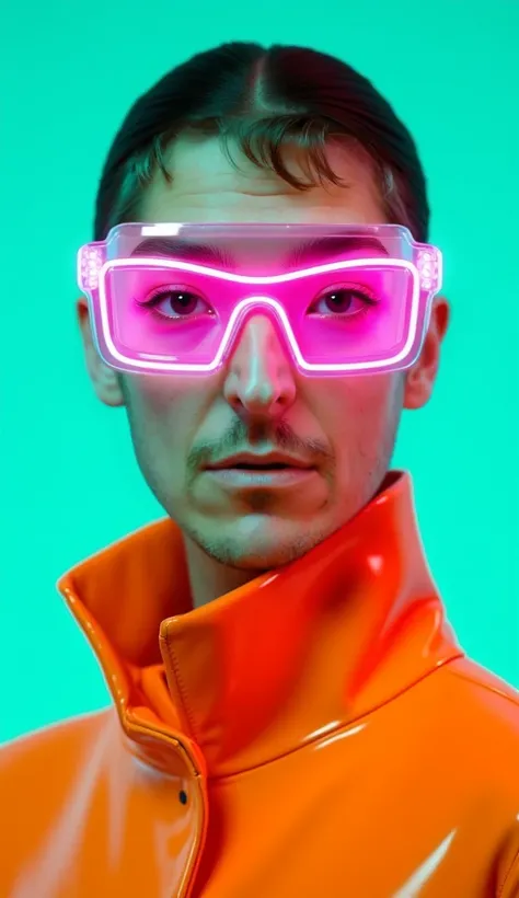 Portrait of a futuristic model with two-tone neon lighting in shades of turquoise green and neon pink. The model wears translucent LED visors, with a luminous frame in pink and white tones, which emit a subtle glow on her face.

Her expression is serene an...