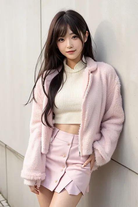   A Japanese model wearing a pastel pink mini two-piece is leaning against a wall、semi-long black hair、 miniskirt、Pastel pink jacket、Elegant and attractive clothes,  looking at camera、 beautiful eyes in every detail 、 cute smile up to the knee、 Gentle and ...