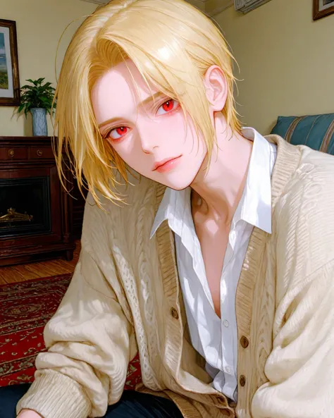 4k , 8k , High quality , HD , (only 1 male blonde hair color with red eyes) , ((short hair style)) , ((no hair bang)) , living room environment , novel , manhwa , good focus , hair details , very anime eyes details , ร่างกายสมส่วน , anime eyes , good figur...