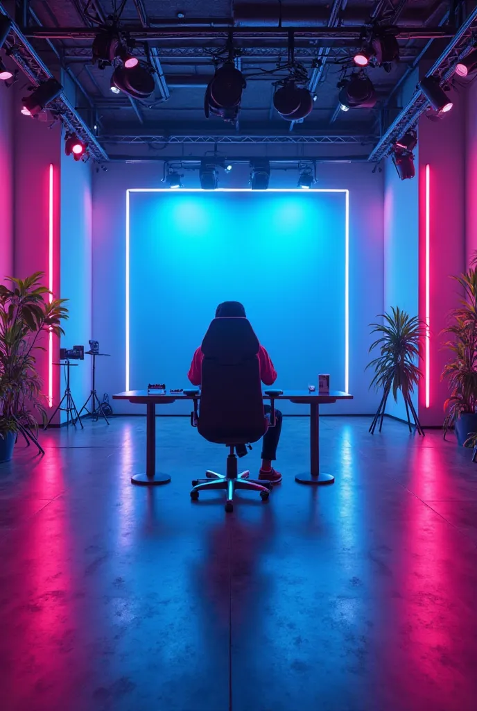 modern gaming YouTube studio.The studio background is illuminated with vibrant neon lights in shades of blue and pink. No chair