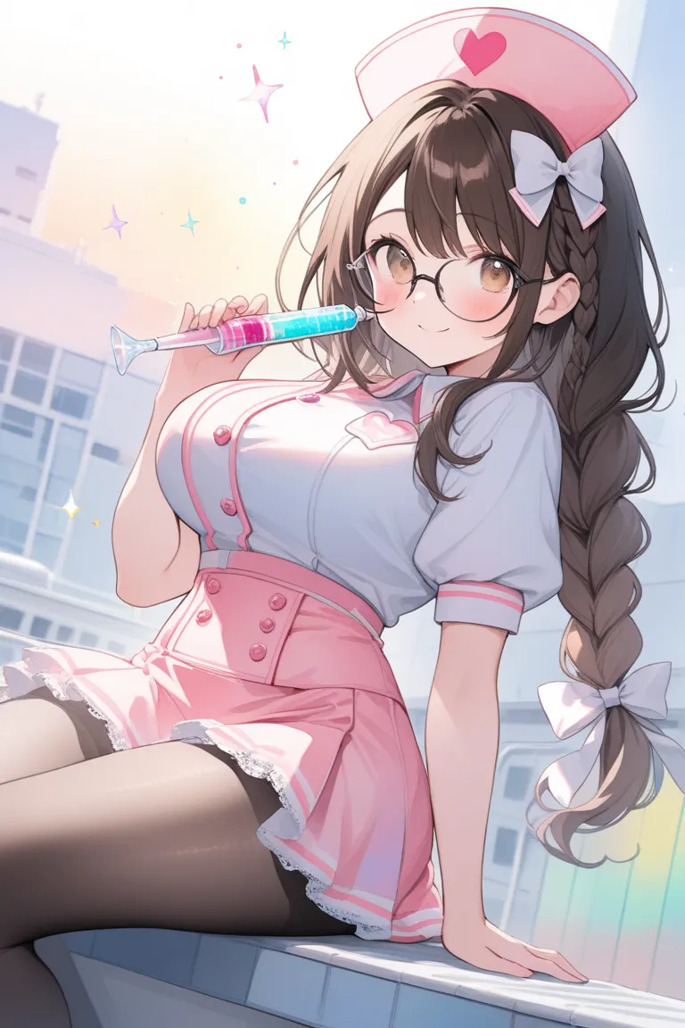 (ultra detailed:0.7), (soft pastel tones, watercolor, bright color, transparent, gradation), 
(cute girl with single braid), (dark brown hair, low-braided long hair, braid with white ribbon), 17yo, light brown eyes, tareme, glasses, smile, 
large breasts, ...