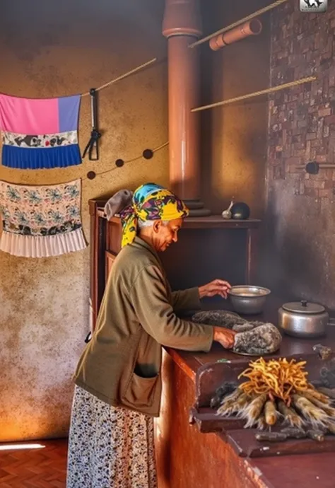 An elderly lady cooking, Realistic image, ultra detailed image