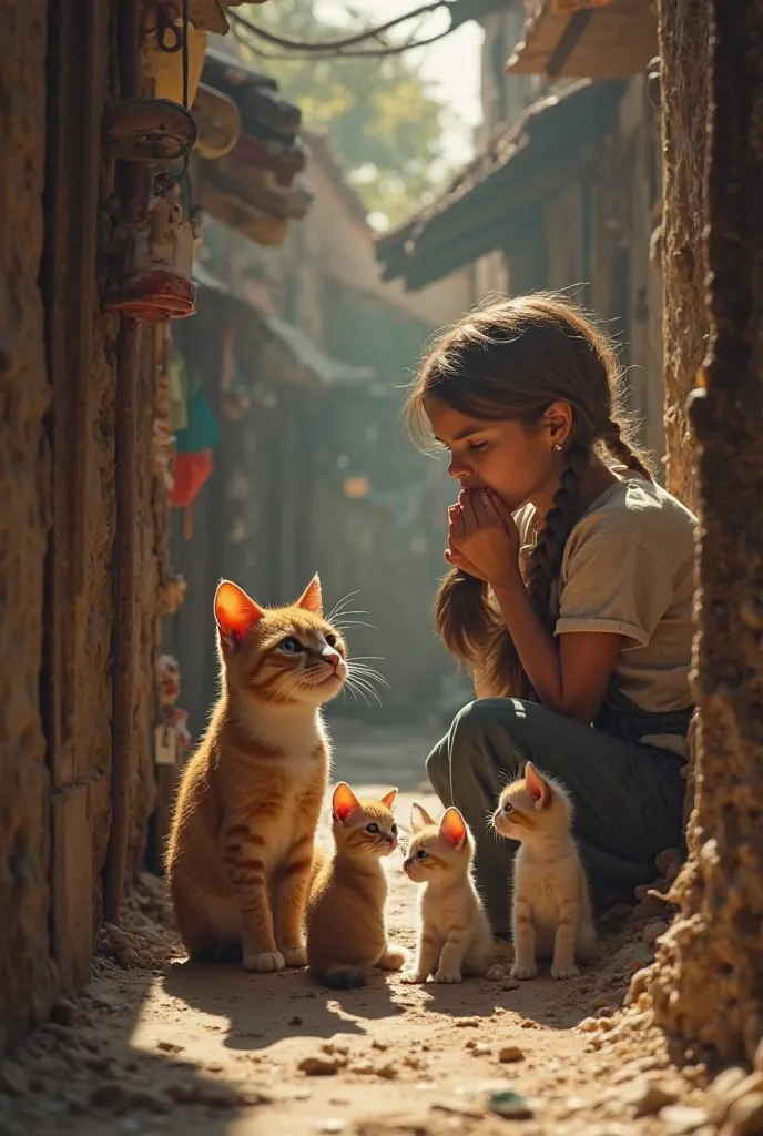 Prompt:
"In a hidden alley, the stray cat sits protectively beside three tiny kittens, surrounded by small trinkets and scraps. The baker, with a hand over her mouth, looks on in awe and compassion."

Visual Style: Emotional and heartwarming, with soft lig...