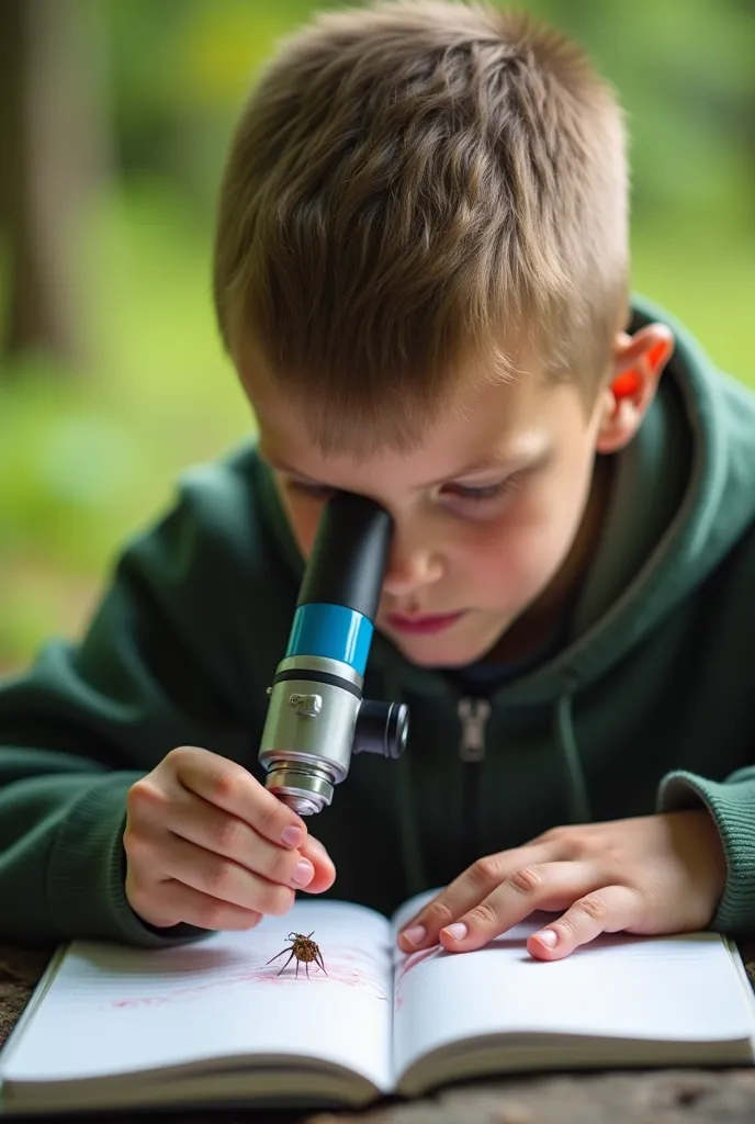 "A ager, examines an insect with a portable microscope. youthful, records what he finds with a microscope in a notebook. There is a natural setting in the background. visual, emphasizes the theme of science and nature."