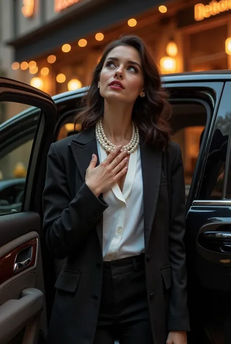 A rich Beautiful elegant girl getting out of brado jeep in black blazer over full  white shirt and her neck with a beautiful pearl necklace and with backside a restaurant in night time and put your hand on your heart and looking upward 