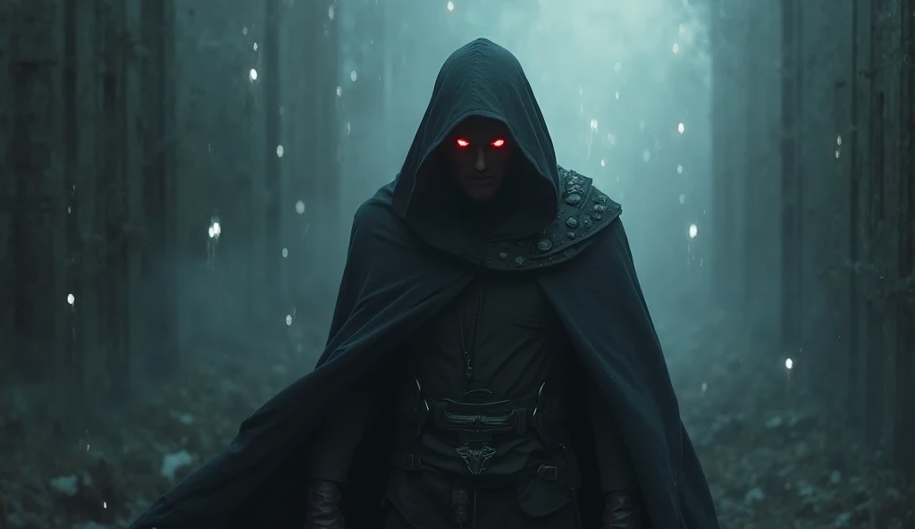 A mysterious cloaked figure, black cape flowing, standing in foggy darkness, red glowing eyes under the hood, faint ancient symbols floating around him, dramatic lighting from below, cinematic, dark fantasy style.