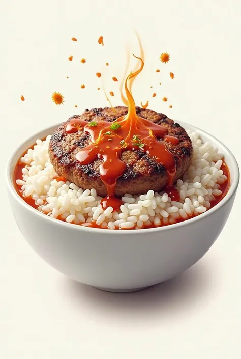 Logo of bowl of rice with burger patty with a sauce