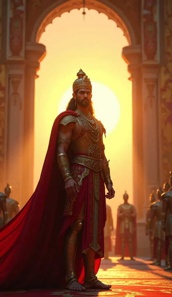 With newfound confidence, King Vikramaditya stands proudly near his throne at sunrise, looking at his ministers and soldiers with determination. The golden light of dawn symbolizes hope and strength