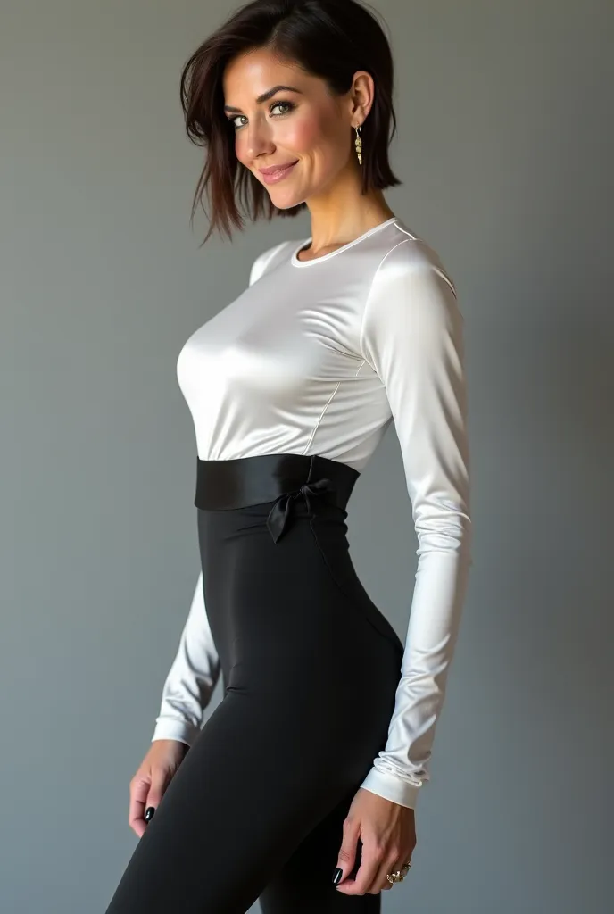 Ultra realistic athletic body of a beautiful German woman with short hair brunette, headband, collier,  smile. 40 ans.beautiful legs and high heels , gray background, She is wearing a tight dark white satin top with long sleeves and a black satin ribbon be...