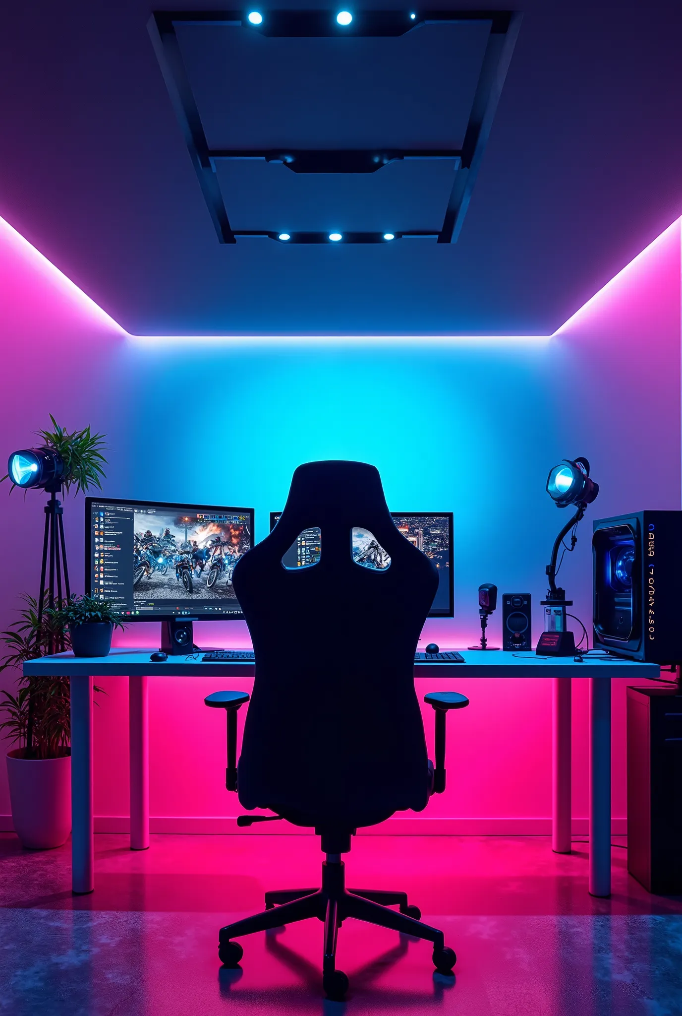 modern gaming YouTube studio.The studio background is illuminated with vibrant neon lights in shades of blue and pink. No chair and no man pic