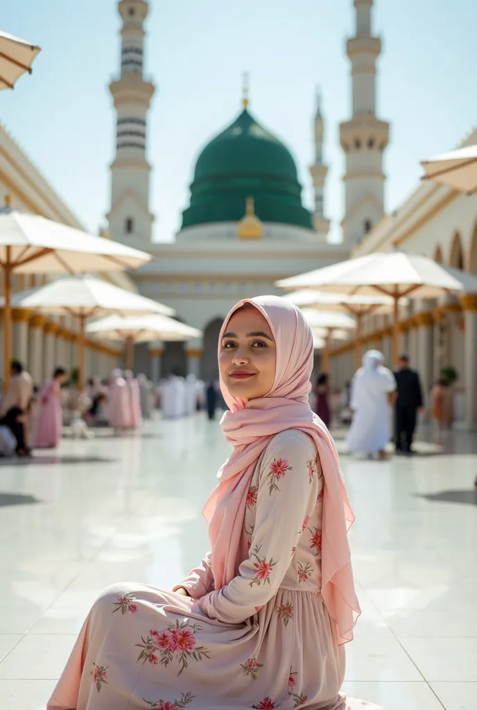  a women sitting in front of the Masjid Nabawi (Prophet's Mosque) in Medina, Saudi Arabia. The woman is wearing a light pink hijab and a floral dress, She sitting on the white marble floor of the mosque courtyard, with large white umbrellas providing shade...