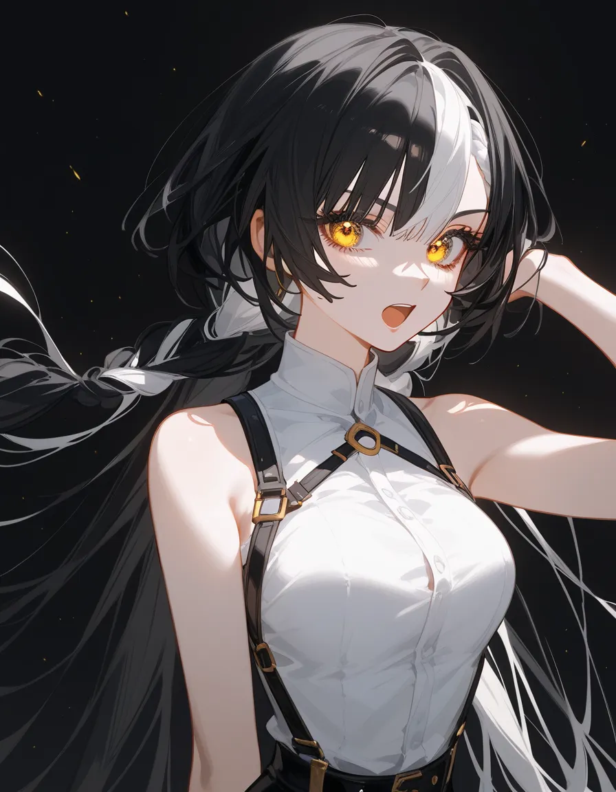  color scheme,girl, black hair, horse hair ,girlบาร์, , gold-bronze eyes, long hair,ปลาย black hair,ใน gold-bronze eyes,ปลาย black hair,thin,girl,set,,White Shirt,Fierce face,G cup breast,Fierce face,Pointed eyes ,White Hair Straps,pigtail,Pigtail hair, Sl...