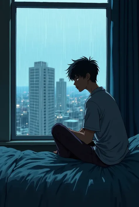  An anime pic of a brown skinned guy depressed and looking out the window from the top of his bed he looks so depressed it's raining outside his race is black u can see him clearly because there's lights in the room he has short curly hair 