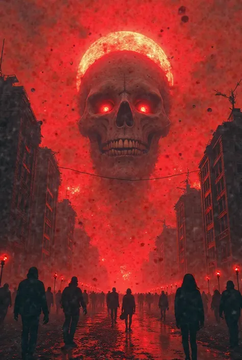 A red sky floating around with s, eyes, screams, heads of people exploding, and a lot of blood in a city And people are scared and the appearance of a giant head of a skeleton and people explode And a lot of s. 