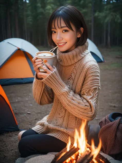 Photorealistic, 8k, full body portrait, beautiful woman,  Attractive Appearance , smiles, short hair, ,  ,,((clothing:knit Sweaterとエプロン:color:random)),background:Laundry at home、she's folding laundry,((clothing:knit Sweaterとダウンジャケットとキャンプファッション:color:random...