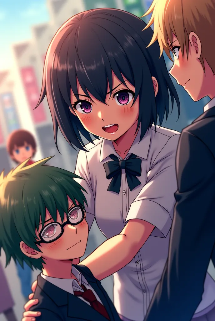 A girl with short black hair wearing a school uniform defending a boy with greenish hair and glasses from another boy with light brown gothic hair at an anime event. anime style