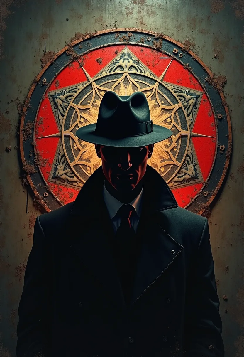 A circular mafia logo. A mysterious man wearing a hat