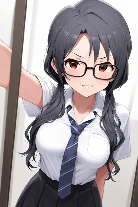  (8k, highest quality, masterpiece, very detailed, Ultra High Resolution, ) The Idolmaster Million Live Takayama Sayoko (Black Hair Red Eyes Low Twin Tails Long Hair Wave Hair Black Glasses  Girl With Slightly Breasts ) shirt, loose tie, skirt, selfie, smi...