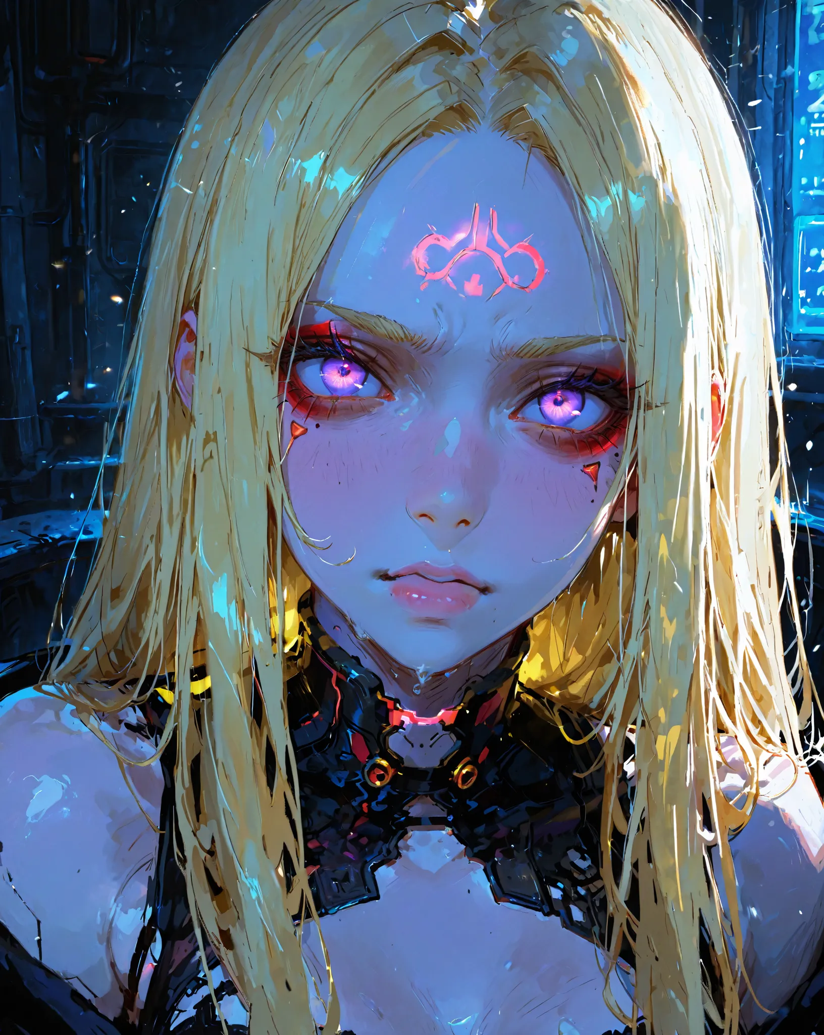 ((best quality)), ((masterpiece)), (detailed), perfect face Woman, purple eyes , with straight long blonde hair, hair inbetween eyes, cyberpunk princess, boss lady. Pretty, anime.
