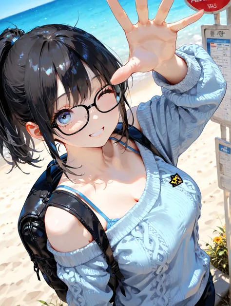  (masterpiece, best quality, great quality, detailed background, complicated details, It's ridiculous, very aesthetic,alone,alone focus)
BREAK Medium Breasts,black ponytail,    black hair、beautiful woman,  Black Backpack, pale blue eyes ,off shoulder sweat...