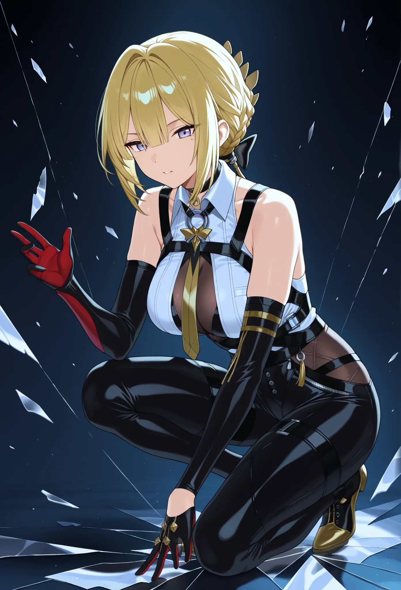 masterpiece, best quality, Good quality,
1 girl crouching, Evelyn Chevalier, black gloves, black   pants, blond hair,  comments,  comments on shoulders, collared  shirt, elbow gloves, gloves, half gloves, mole, mole under eye, tie,   pants, parted lips, re...