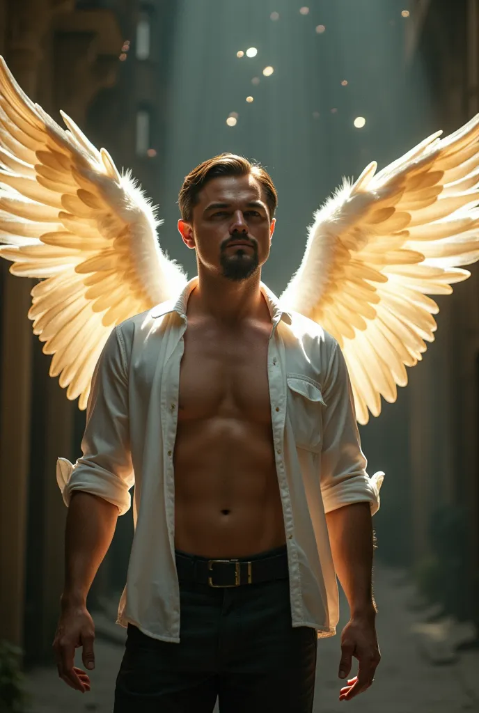 Make Leonardo Dicaprio in a white shirt with a six-pack and wings