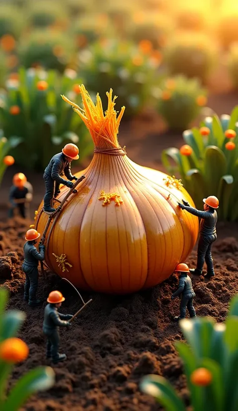 "A breathtaking aerial drone view of a surreal, hyper-realistic miniature world where tiny workers in orange construction helmets and black work uniforms are excavating a colossal golden onion from rich, dark soil. The scene is illuminated by warm, golden ...