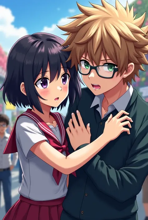 A girl with short black hair wearing a school uniform defending a boy with greenish hair and glasses from another boy with light brown gothic hair at an anime event. anime style