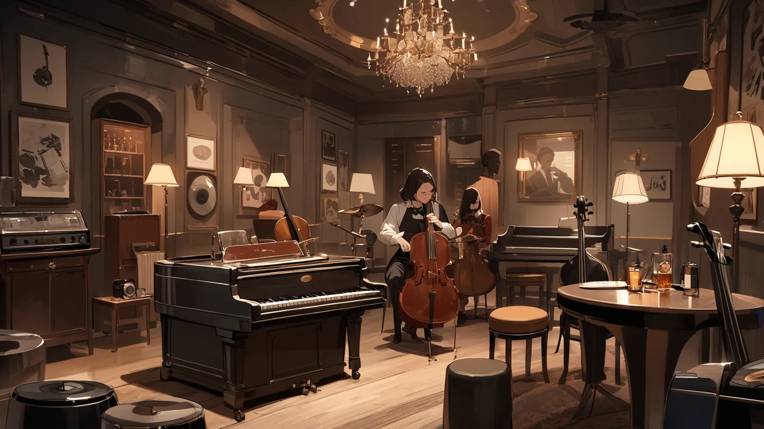  a vintage interior with silhouettes of musicians playing instruments. In the foreground,  A jazz bar with a stylishly designed radio and record player ,  It creates an antique and elegant atmosphere .A piano/ drums/ Electric Guitars/cello is set up in the...